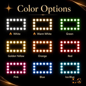 Może przedstawiać: Cyfrowa tabela zatytułowana Color Options przedstawiająca dziewięć prostokątnych układ&oacute;w świateł LED w kolorach białym, ciepłym białym, zielonym, złotoż&oacute;łtym, pomarańczowym, czerwonym, r&oacute;żowym, niebieskim i lodowoniebieskim z podpisami pod każdym światłem.