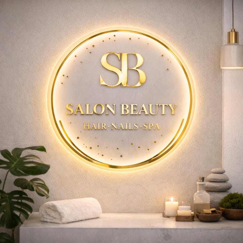 Może przedstawiać: Podświetlany, okrągły szyld ze złotą obw&oacute;dką i napisem "SB SALON BEAUTY HAIR NAILS SPA". Znak zawiera złote logo "SB" i jest umieszczony na jasnym tle. Scena obejmuje biały ręcznik, świece i akcesoria spa.