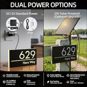 May include: A rectangular house address sign displaying the number 629 and the text Hero Way. The sign features dual power options: a DC12V standard power adapter and driver, or a 24V solar panel upgrade. The sign is black with illuminated text.