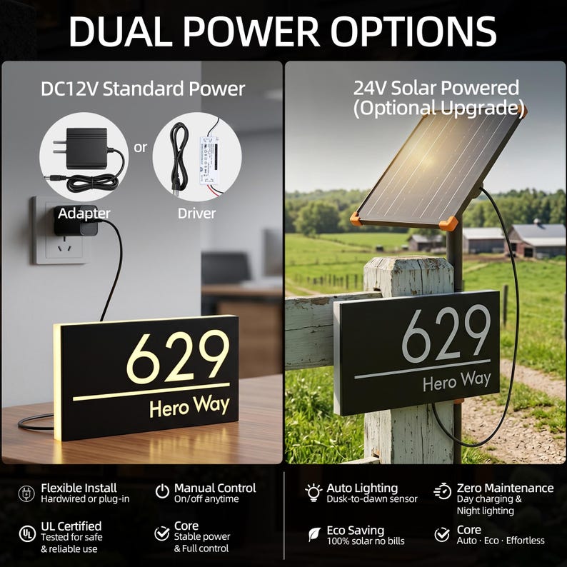 May include: A rectangular house address sign displaying the number 629 and the text Hero Way. The sign features dual power options: a DC12V standard power adapter and driver, or a 24V solar panel upgrade. The sign is black with illuminated text.