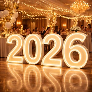 May include: Large illuminated numbers spelling out "2026" are displayed on a reflective wooden floor. The numbers are white with a warm, glowing light outlining their edges. The background features a decorated event space with people, tables, and decorative lights.