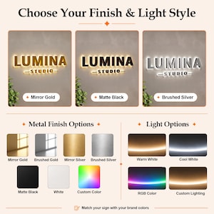 May include: A signage display showing the text LUMINA STUDIO in three finishes: mirror gold, matte black, and brushed silver. The graphic includes metal finish options of mirror gold, brushed gold, mirror silver, brushed silver, matte black, white, and custom color, plus light options of warm white, cool white, RGB color, and custom lighting.