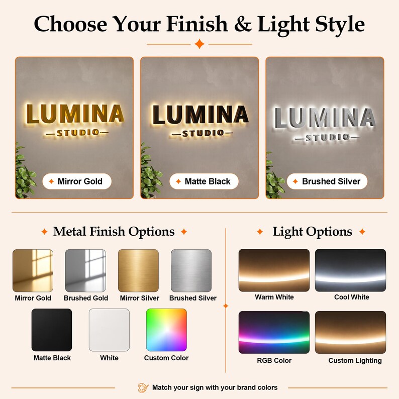 May include: A signage display showing the text LUMINA STUDIO in three finishes: mirror gold, matte black, and brushed silver. The graphic includes metal finish options of mirror gold, brushed gold, mirror silver, brushed silver, matte black, white, and custom color, plus light options of warm white, cool white, RGB color, and custom lighting.