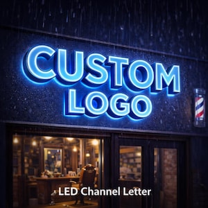 Custom business logo sign made with LED channel letters, illuminated storefront signage for restaurants, cafes, and retail shops.
