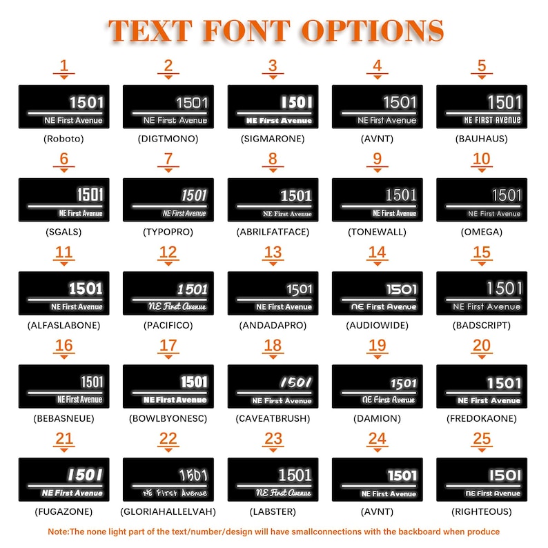 May include: A display of 25 black rectangular address signs with white illuminated text, showcasing different font options. Each sign displays the number "1501" and "NE First Avenue", with font names below.