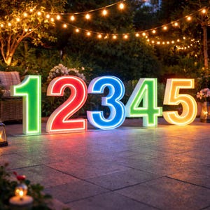 May include: Large, illuminated numbers 1 through 5 in vibrant colors: green, red, blue, green, and orange. The numbers are placed on a patio, with string lights and greenery in the background, creating a festive outdoor display.