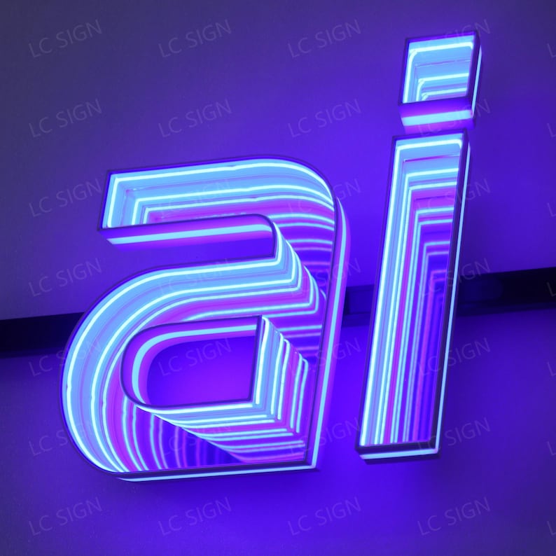 May include: A neon sign displaying the letters "ai" in a vibrant purple and white color scheme. The letters are illuminated with multiple layers of neon lights, creating a three-dimensional effect. The sign is mounted on a purple wall.