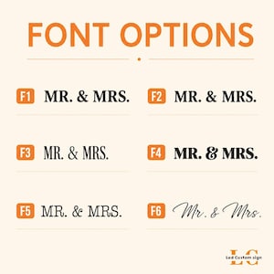 May include: A chart titled FONT OPTIONS displaying six distinct typography styles labeled F1 through F6. Each option features the text MR. & MRS. in black, except for F6 which uses a cursive script. The logo Led Custom sign appears at the bottom.