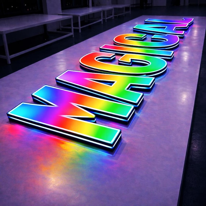 May include: The word "MAGIC" is displayed in large, illuminated letters. Each letter is outlined in black and filled with a gradient of rainbow colors. The letters are on a light purple surface, with the colorful light reflecting below.
