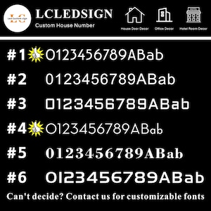 May include: Six different font styles for house numbers, displayed on a black background. The numbers 0123456789ABab are shown in each font style. The font styles are numbered 1 through 6.  A thumbs up emoji is next to font styles 1 and 4.
