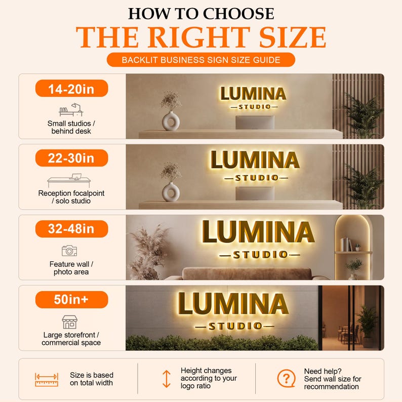 May include: A backlit business sign size guide titled HOW TO CHOOSE THE RIGHT SIZE. It displays four size categories: 14-20in, 22-30in, 32-48in, and 50in+, each showing a LUMINA STUDIO sign with varying dimensions for different interior spaces.