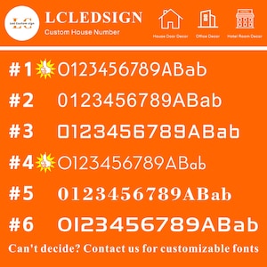 May include: An orange background displays white text and numbers for custom house numbers. The top of the image has the text "LCLEDSIGN Custom House Number" and icons for house, office, and hotel decor. The bottom text reads "Can't decide? Contact us for customizable fonts."