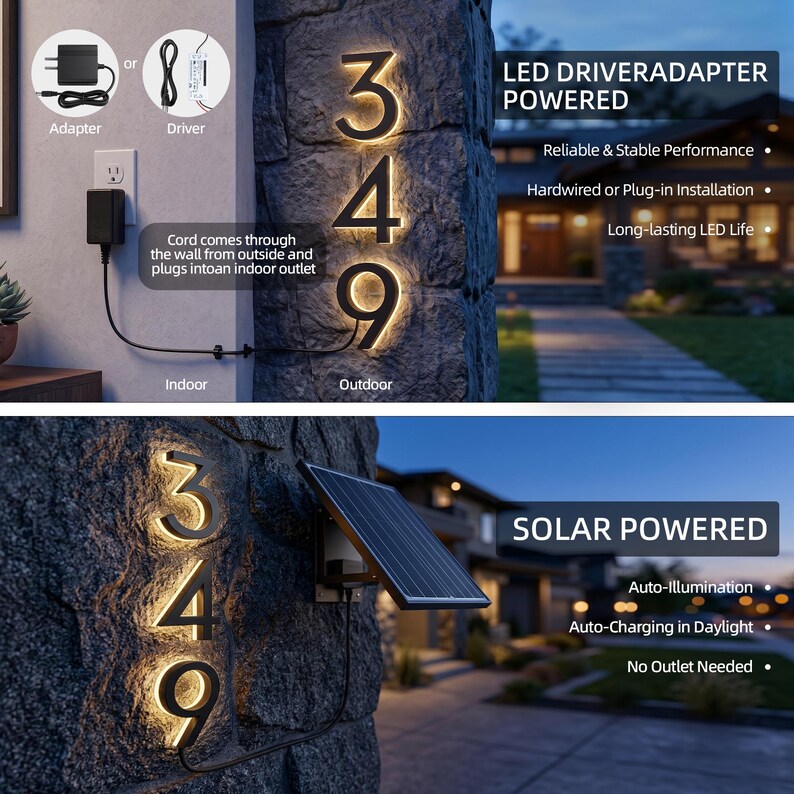 May include: A set of illuminated house numbers 349 mounted on a stone wall. The display shows two power options: an LED driver adapter that plugs into an indoor outlet and a solar-powered panel for auto-illumination and charging in daylight.