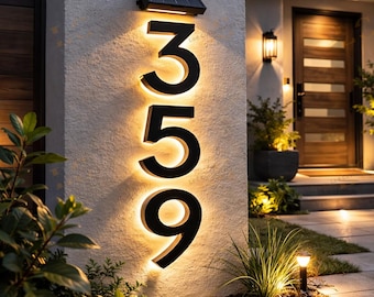 Solar LED House Number Outdoor – Waterproof Illuminated Address Sign – Modern Backlit Metal House Number – Solar Powered Home Address Plaque