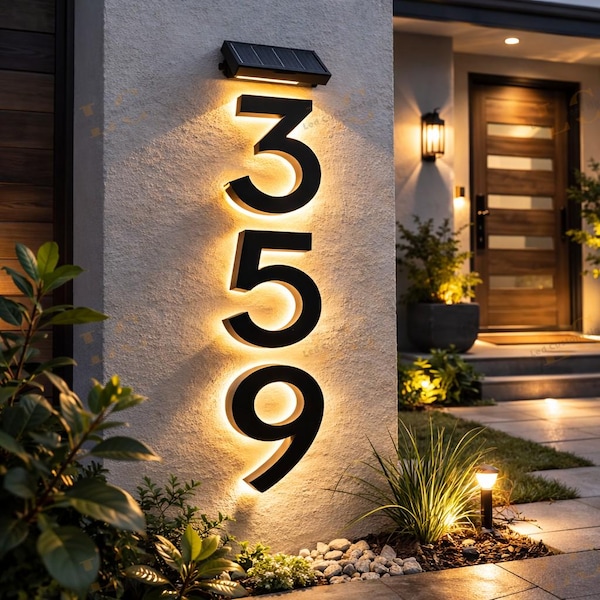 Solcellsdriven LED-husnummer utomhus – Vattentät upplyst adressskylt – Modern bakgrundsbelyst husnummer i metall – Solcellsdriven hemadressskylt