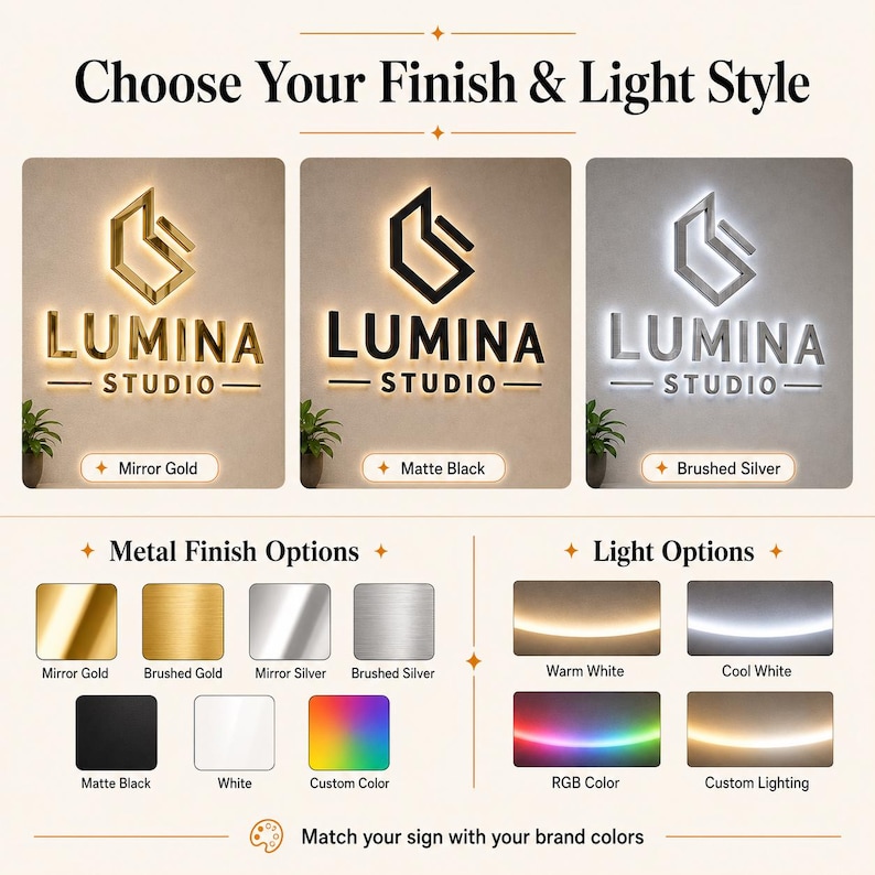 May include: A custom signage display featuring the text LUMINA STUDIO with a geometric logo. The image shows three finish examples: mirror gold, matte black, and brushed silver. It includes a chart of metal finishes and light color options.