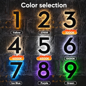 May include: Nine illuminated house numbers in various colors, including yellow, ice blue, and green, are displayed against a dark brick wall. The text "Color selection" is at the top. Each number has a corresponding color temperature.