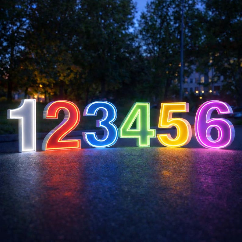 May include: A row of illuminated numbers 1 through 6, each with a different neon color: white, red, blue, green, yellow, and purple. The numbers are standing on a dark surface, with a blurred background of trees and lights.