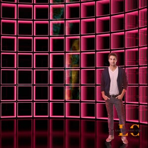 May include: A custom LED sign featuring a grid of illuminated pink square frames that create an infinite tunnel effect. The sign displays the text "Led Custom sign" in the bottom right corner, set against a dark, reflective surface.