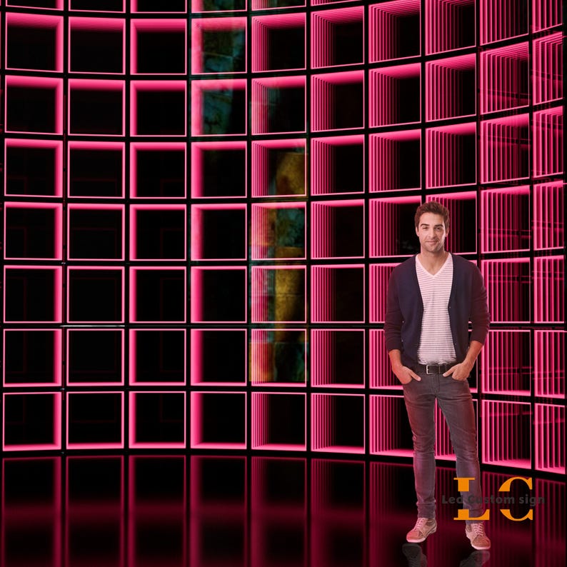 May include: A custom LED sign featuring a grid of illuminated pink square frames that create an infinite tunnel effect. The sign displays the text "Led Custom sign" in the bottom right corner, set against a dark, reflective surface.