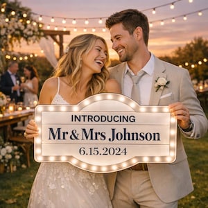 May include: A rectangular marquee-style sign with rounded edges and illuminated bulbs along the border. The white sign features dark text reading INTRODUCING, Mr & Mrs Johnson, and the date 6.15.2024 in a clean, bold, sans-serif font.