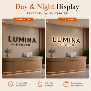 May include: A 3D wall sign for Lumina Studio featuring black dimensional lettering and a horizontal line. The display is shown in two states: lights off with a solid black appearance, and lights on with a soft white halo backlight effect.