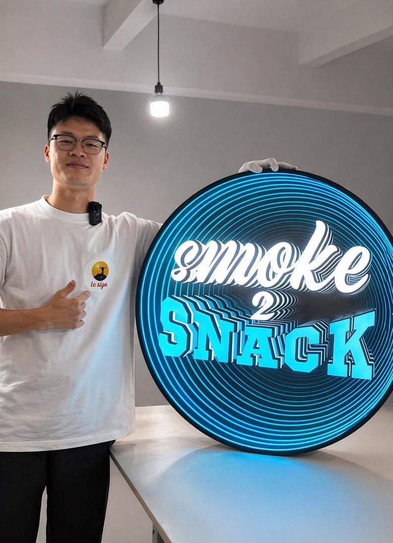 May include: A circular LED sign featuring a black frame and a blue concentric ring pattern. The text "smoke 2 SNACK" is displayed in the center in a layered, three-dimensional white and blue font, creating an optical illusion of depth.