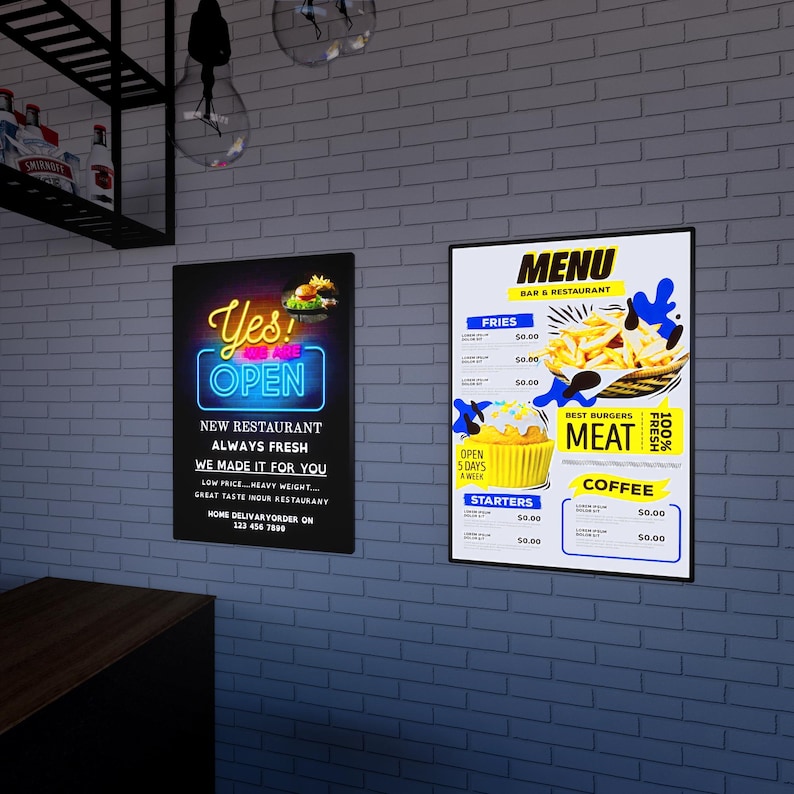 May include: Two illuminated restaurant signs on a brick wall. One sign says "Yes! Open" in neon, advertising a new restaurant with fresh food. The other sign is a menu board with fries, burgers, and coffee.