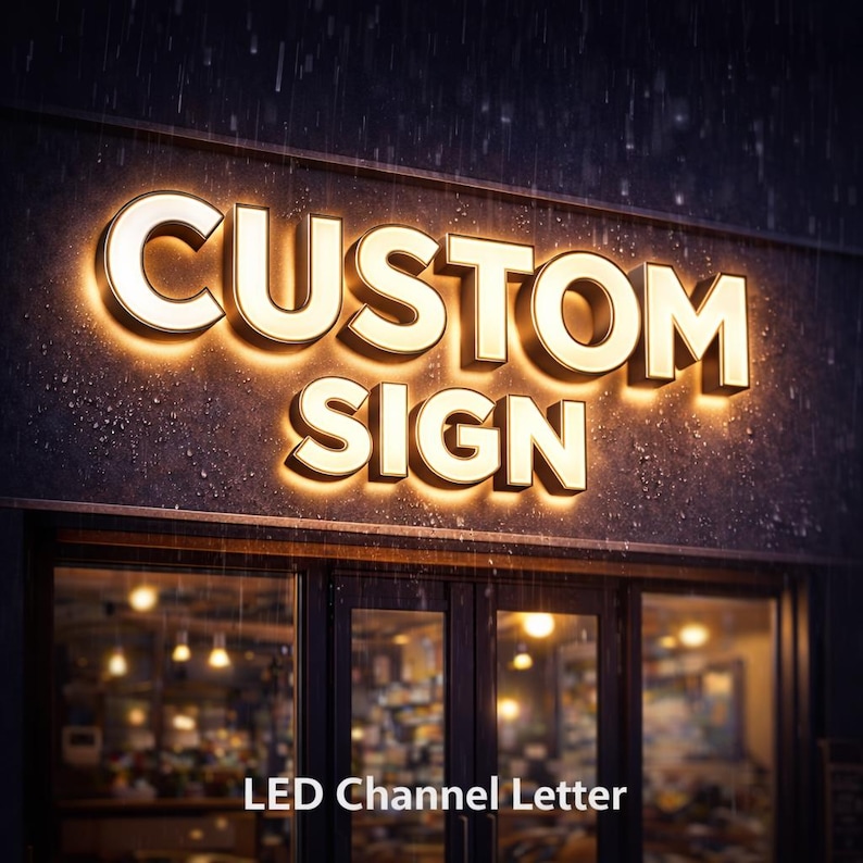 Front lit LED channel letter custom logo sign mounted on storefront wall, illuminated business sign ideal for restaurants, shops, and retail stores.