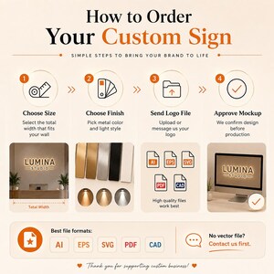 May include: An infographic titled How to Order Your Custom Sign with four steps: 1. Choose Size, 2. Choose Finish, 3. Send Logo File, and 4. Approve Mockup. It displays metal finish samples, file format icons like AI, EPS, SVG, PDF, and CAD.