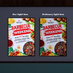 May include: Two illuminated signs side-by-side, one labeled "Our light box" and the other "Ordinary light box." Each sign displays a "Barbecue Weekend" poster with text, including "June 20th Sunday" and "Free Parking." The posters feature images of food.