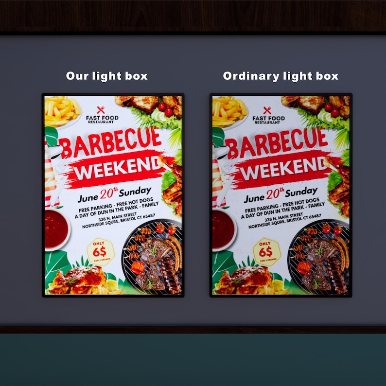 May include: Two illuminated signs side-by-side, one labeled "Our light box" and the other "Ordinary light box." Each sign displays a "Barbecue Weekend" poster with text, including "June 20th Sunday" and "Free Parking." The posters feature images of food.