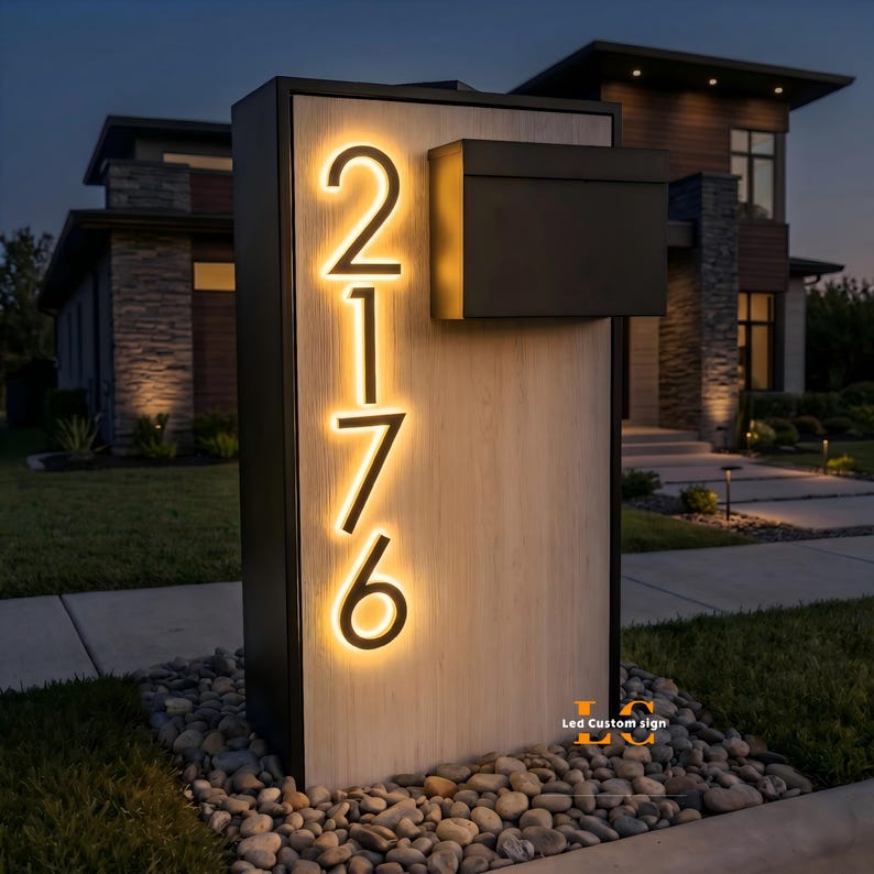 May include: A rectangular outdoor address sign with a light wood-grain finish and a black frame. The numbers 2176 are vertically aligned and illuminated with a warm yellow glow. A black mailbox is mounted on the upper right side of the sign.