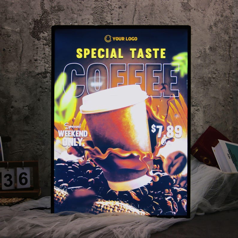 May include: Illuminated coffee shop sign with the text "SPECIAL TASTE COFFEE." A coffee cup is featured with coffee beans and a coffee splash. The price is $7.89. The sign also says "Special Weekend Only."
