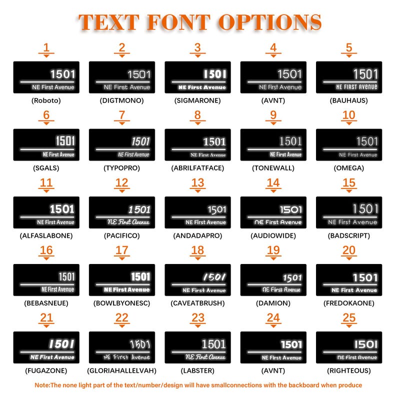 May include: A grid of twenty-five black rectangular signs displaying the text 1501 NE First Avenue in various white font styles, numbered 1 through 25. Each sign features a horizontal white line below the number and above the street name.