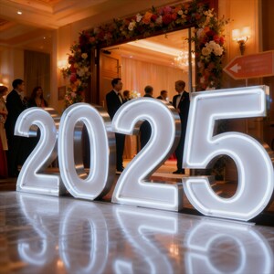 K&ouml;nnte beinhalten: Gro&szlig;e, beleuchtete silberne Zahlen, die "2025" bilden, werden auf einem reflektierenden Boden angezeigt. Die Zahlen haben einen hellen, wei&szlig;en Neon-Glanz. Der Hintergrund zeigt einen mit Blumen geschm&uuml;ckten Torbogen und Personen in formeller Kleidung.