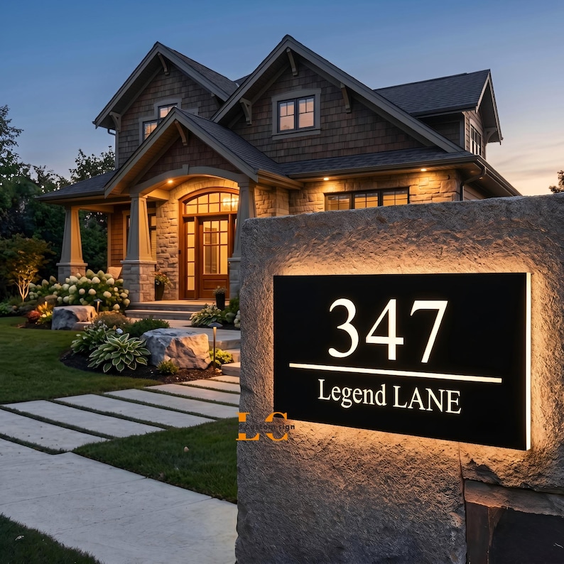 May include: A black illuminated address sign with the number 347 and the words "Legend LANE" in white lettering. The sign is mounted on a stone pillar, with a house in the background.
