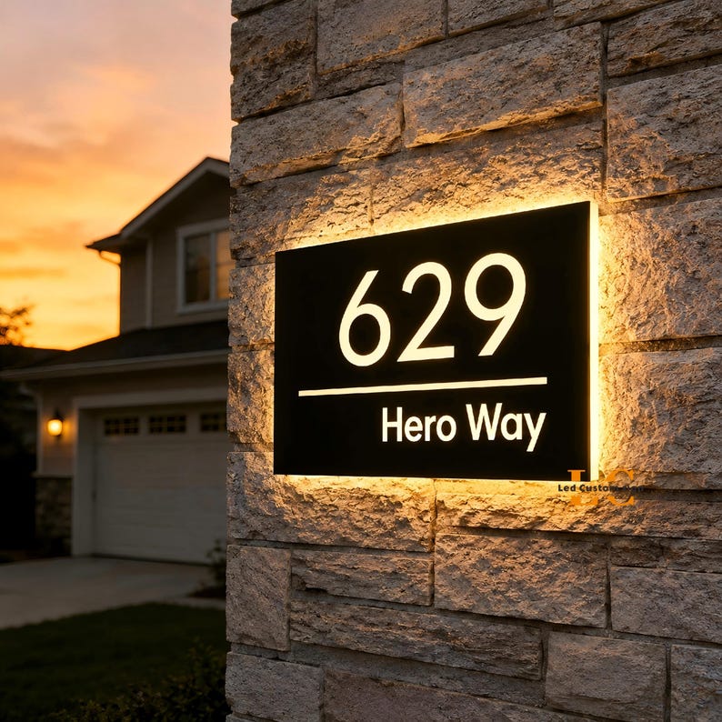 May include: Illuminated black address sign with the number 629 and the street name "Hero Way" in white lettering. The sign is mounted on a stone wall, with a warm glow around the edges.