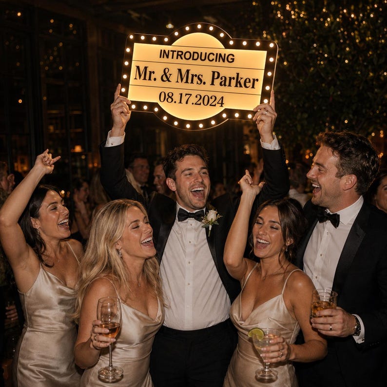 May include: A rectangular, illuminated marquee-style sign with rounded corners and small light bulbs along the border. The sign features the text 'INTRODUCING', 'Mr. & Mrs. Parker', and the date '08.17.2024' in black lettering on a cream background.