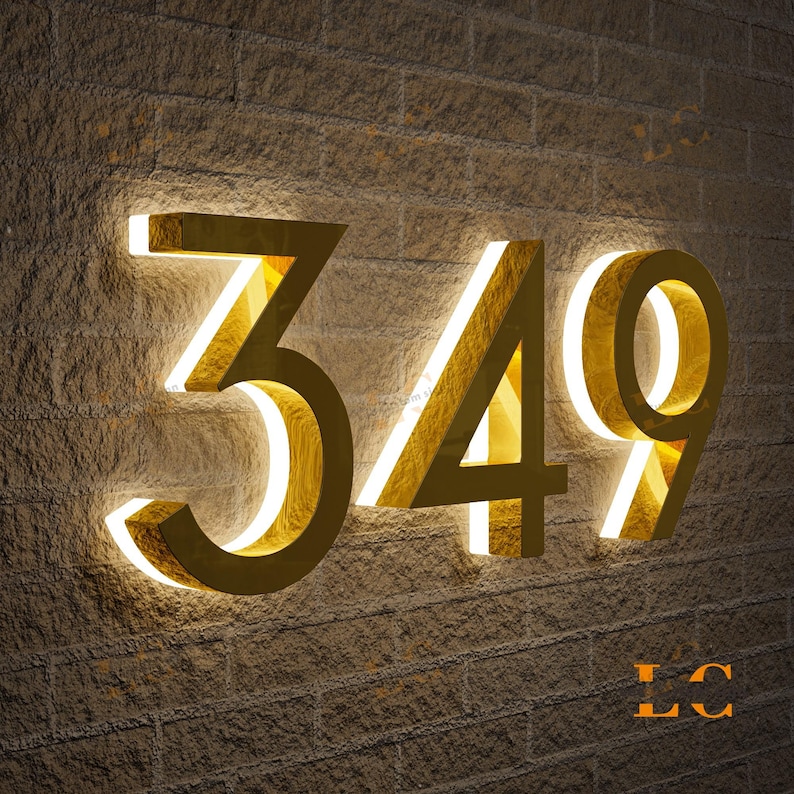 Backlit LED House Numbers for Outside, Stainless Steel Floating Home Address Number, Waterproof Exterior LED Illuminated Home Address Number
