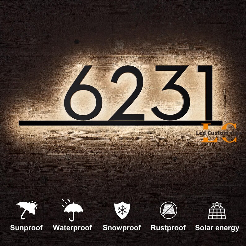 Modern Backlit LED House Numbers - Solar Powered Glowing Address Sign, Waterproof Outdoor Illuminated Home Numbers for Night Visibility image 7