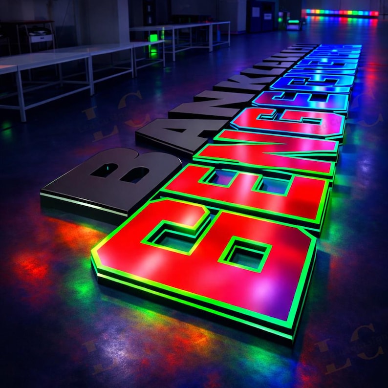 May include: A neon sign spelling out the word "BENCHMARK" in large, three-dimensional letters. The letters are red with green outlines and black sides, illuminated with vibrant colors. The sign is placed on a reflective surface.