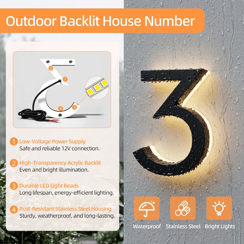 May include: Black outdoor backlit house number "3" with bright LED lights. Features include rust-resistant stainless steel housing and waterproof design. The number is illuminated with a high-transparency acrylic backlight.