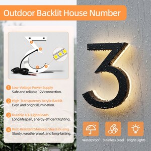 May include: Black outdoor backlit house number 3 with bright LED lights. The number is made of rust-resistant stainless steel and is waterproof. The image also shows the number's features, including low-voltage power supply and durable LED light beads.