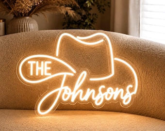 Custom Cowboy Hat Neon, Western Wedding Last Name Sign, Rustic Country Wedding Decor