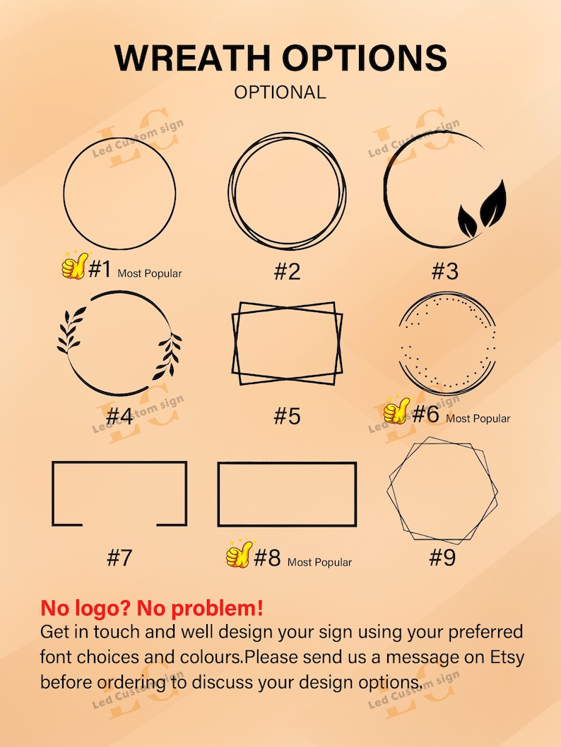 May include: Image showcasing wreath options for custom signs. The design choices include various shapes: circles, rectangles, and a polygon, some with decorative elements. Text at the bottom encourages customers to discuss design options. The image is on a light orange background.
