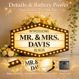 May include: A hexagonal LED light sign featuring the text "INTRODUCING MR. & MRS. DAVIS 02.16.25" in black lettering on a cream background. The sign is bordered by small, illuminated LED bulbs and includes a battery case and clear board.