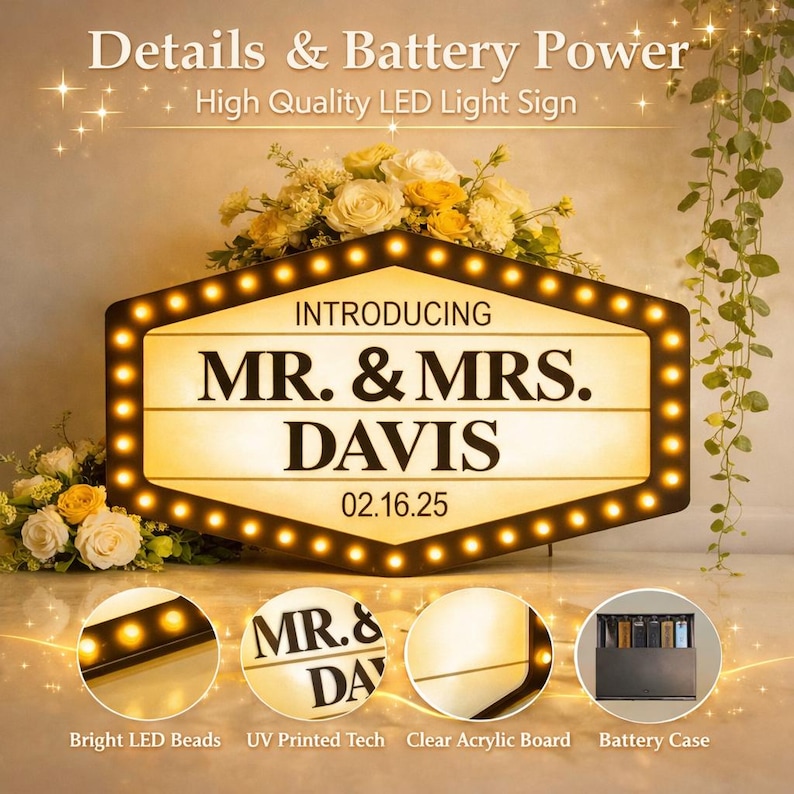May include: A hexagonal LED light sign featuring the text "INTRODUCING MR. & MRS. DAVIS 02.16.25" in black lettering on a cream background. The sign is bordered by small, illuminated LED bulbs and includes a battery case and clear board.