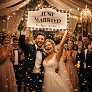 May include: A rectangular marquee sign with a black frame and small white lights, displaying the text JUST MARRIED and Michael & Emily in black lettering. The sign is held up by a person in a black suit and a person in a white wedding dress.