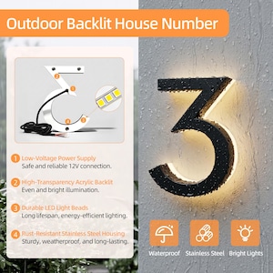May include: Black outdoor backlit house number "3" with bright LED lights. Features include rust-resistant stainless steel housing and waterproof design. The number is illuminated with a high-transparency acrylic backlight.